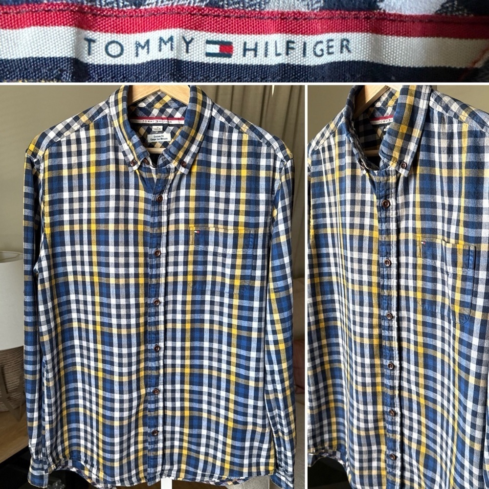 Tommy Hilfiger Men’s Custom Fit Flannel L/S Blue/white/yellow Plaid Button Up M